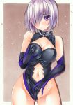  1girl black_leotard blush breasts cleavage cleavage_cutout closed_mouth cowboy_shot elbow_gloves embarrassed eyebrows_visible_through_hair fate/grand_order fate_(series) gloves hair_between_eyes hair_over_one_eye leotard leotard_aside looking_at_viewer mash_kyrielight medium_breasts midriff multicolored multicolored_clothes multicolored_gloves navel navel_cutout partially_visible_vulva pastel_(medium) purple_eyes short_hair silver_hair solo standing stomach traditional_media yuto_takumi 