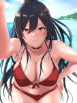  1girl bangs beach bikini black_hair blush breasts choker cleavage closed_mouth demio hair_between_eyes hand_on_hip high_ponytail highres idolmaster idolmaster_shiny_colors large_breasts leaning_forward long_hair looking_at_viewer ocean ponytail red_bikini shirase_sakuya smile solo swimsuit yellow_eyes 