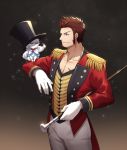  1boy 47_(479992103) beard blue_eyes brown_hair chest circus commentary_request creature epaulettes facial_hair fate/grand_order fate_(series) fou_(fate/grand_order) hat long_sleeves male_focus napoleon_bonaparte_(fate/grand_order) pants scar smile uniform 