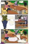absurd_res anthro bench beta1m black_body black_fur bullet clothed clothing comic detailed_background dialogue digital_media_(artwork) eeveelution english_text espeon eyewear female fur generation_1_pokemon generation_2_pokemon glasses group gun handgun hi_res jolteon krita_(artwork) male nintendo on_bench pokemon pokemon_(species) purple_body purple_fur ranged_weapon red_sclera revolver sitting sitting_on_bench sunglasses tail text trio umbreon url weapon yellow_body yellow_fur