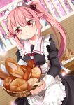  1girl alternate_costume basket bread cherry_blossoms commentary_request day dutch_angle enmaided eyebrows_visible_through_hair food harusame_(kantai_collection) highres holding holding_basket kantai_collection long_hair looking_at_viewer maid maid_headdress petals pink_hair red_eyes side_ponytail smile solo yasume_yukito 