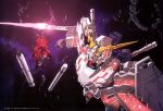  absurdres beam_saber debris energy_sword glowing green_eyes gundam gundam_unicorn highres mecha no_humans nt-d official_art robot severed_leg severed_limb shield space star_(sky) sword tube unicorn_gundam weapon 