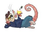  2019 4_fingers 5:4 ambiguous_gender anthro bottle_cap bottomwear cannedrabies clothed clothing didelphid fangs fur grey_fur hoodie jeans lying mammal marsupial on_side pants pink_nose pink_tail reclining rhysio simple_background smug sneakers solo tan_fur tongue tongue_out toony topwear tricolor tuft virginia_opossum whiskers white_background 
