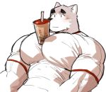  2019 anthro beverage bubble_tea canid canine clothing digital_media_(artwork) fur hands-free_bubble_tea kemono male mammal meme muscular muscular_male pecs simple_background solo syukapong 