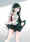  1girl :&gt; asui_tsuyu black_eyes black_hair black_skirt boku_no_hero_academia breasts commentary_request eyebrows_visible_through_hair frog_girl green_hair hair_between_eyes hair_rings highres holding_skirt hyuu_(sing-dog) long_hair looking_at_viewer looking_to_the_side low-tied_long_hair necktie pleated_skirt red_neckwear school_uniform shirt short_sleeves skirt solo tongue tongue_out wet white_shirt 