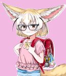  1girl akegata_tobari animal_ear_fluff animal_ears backpack badge bag bespectacled black-framed_eyewear blonde_hair brown_bear_(kemono_friends) brown_eyes button_badge child commentary_request cowboy_shot extra_ears fennec_(kemono_friends) fox_ears fox_tail frills glasses highres holding_strap kemono_friends large_ears looking_at_viewer medium_hair multicolored_hair pink_background pink_shirt randoseru shirt short_shorts shorts simple_background smile solo tail two-tone_hair white_hair younger 