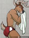  2019 anthro antlers athletic black_nose brown_eyes brown_fur butt cervid cervine clamcrusher clothed clothing digital_media_(artwork) fur half-closed_eyes horn inside looking_at_viewer male mammal muscular muscular_male pinup pose raised_tail red_clothing shower smile solo speedo standing swimwear topless towel wet 