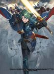  1boy alm_(fire_emblem) armor armored_boots boots cape cloud cloudy_sky faceless faceless_male falchion_(fire_emblem) fire_emblem fire_emblem_cipher fire_emblem_echoes:_mou_hitori_no_eiyuuou fire_emblem_if gloves green_eyes green_hair headband helmet horse horseback_riding kureta_(nikogori) male_focus official_art open_mouth polearm riding shield sky solo spear teeth weapon 