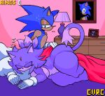 after_sex anthro bed bedroom big_butt bite_mark blaze_the_cat blue_body blue_fur bodily_fluids butt clothing domestic_cat dresser duo eulipotyphlan evrc felid feline felis female forehead_gem fur furniture gem gloves gloves_only hair handwear handwear_only hedgehog hi_res lamp male male/female mammal mostly_nude nude nude_female pillow ponytail portrait_(object) purple_body purple_fur sega sleeping sonic_the_hedgehog sonic_the_hedgehog_(series) sound_effects sweat tail voluptuous_female vowelless vowelless_sound_effect zzz