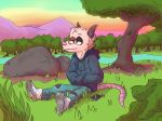  2019 ambiguous_gender anthro bottomwear brown_fur cellphone clothing creek detailed_background didelphid evening fur grass grey_fur half-closed_eyes hands_in_pockets headphones hi_res hoodie jeans lmaodiabetes mammal marsupial mountain outside pants phone pink_nose pink_tail plant pockets relaxing rhysio rock shrub sitting sneakers solo sunset tan_fur topwear tree tricolor tuft virginia_opossum 