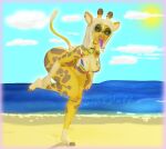 3d_(artwork) ahoge anthro beach bikini bikini_pull blonde_hair bottomless choker clothed clothing clothing_pull digital_media_(artwork) ear_piercing ear_ring eyewear female flag_bikini flag_swimwear fur giraffe giraffid green_eyes hair hi_res hooves horn jewelry looking_at_viewer mammal markings necklace nivie_mielentuli ossicone piercing purple_tongue ring_piercing sand sea siakstuff smile solo spots spotted_body spotted_fur standing sunglasses swimwear swimwear_pull tail tongue tongue_out two-piece_swimsuit water