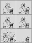 2026 anthro biped canisfidelis closed_smile clothed clothing comic duo eyes_closed eyewear female glasses hair hitting humor hyena larger_male licking_own_hand looking_at_another male mammal monochrome mouth_closed question_mark rectangular_glasses shirt short_hair simple_background size_difference smaller_female smile sparkles spitz_(forteissimo) standing tongue tongue_out topwear wearing_glasses