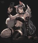 5_fingers abs absurd_res alternative_fashion anthro apple_inc. arm_markings athletic athletic_anthro athletic_female belly belt bent_legs biceps black_background black_belt black_body black_boots black_bottomwear black_bracelet black_choker black_clothing black_footwear black_fur black_gloves black_hair black_handwear black_headphones black_jewelry black_legwear black_nail_polish black_necklace black_phone black_shorts black_stockings black_topwear blue_eyes boots bottomwear bracelet breasts cellphone choker clothing collarbone digital_drawing_(artwork) digital_media_(artwork) domestic_cat electronics facial_markings felid feline felis female female_anthro fingers fluffy fluffy_tail footwear forehead_markings full-length_portrait fur gloves goth goth_boots grey_belly grey_body grey_face grey_fur grey_hair grey_inner_ear_fluff grey_legs grey_tail hair hand_on_leg handwear head_markings headphones hi_res inner_ear_fluff iphone jewelry kneeling leather leather_bottomwear leather_clothing leather_shoes leather_shorts leather_topwear legwear light lips long_hair long_nails long_tail looking_at_viewer maine_coon makeup mammal markings medium_breasts navel necklace object_in_hand phone piercing pink_inner_ear pinup platform_footwear portrait pose raised_arm selfie shoes shorts shoulder_markings simple_background sitting sitting_on_ground smartphone smile solo stockings straight_hair striped_body striped_fur striped_hands striped_legs stripes tail teeth topwear torn_clothing torn_gloves torn_handwear tuft whitebaloo wide_hips