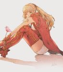  1girl armored_boots bangs blonde_hair blush boots breasts brown_gloves closed_mouth final_fantasy final_fantasy_xiv fingerless_gloves flower gloves hand_on_own_arm highres holding holding_flower kuroimori long_hair looking_at_viewer lyse_hext medium_breasts ponytail shadow shorts sitting sleeveless smile solo thigh_boots thighhighs thighs white_shorts zettai_ryouiki 