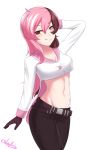  1girl belt black_gloves black_pants breasts brown_eyes brown_hair cleavage closed_mouth collarbone cowboy_shot crop_top cslucaris gloves groin hand_on_head heterochromia long_hair looking_at_viewer medium_breasts midriff multicolored_hair navel neo_(rwby) pants pink_eyes pink_hair rwby signature simple_background smile solo standing stomach straight_hair two-tone_hair white_background 