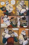 6_panel_comic affectionate angry anthro artist_logo bear belt blush blush_lines bottomwear brown_body brown_fur brown_hair canid canine canis clothed clothing comic dialogue duo ears_back english_text facial_hair fur goatee grey_hair hair hand_on_arm hand_on_shoulder head_on_chest headpat heart_symbol hi_res hug hugging_another hugging_from_behind logo love male male/male mammal molnyshko multiple_scenes onomatopoeia pants pivoted_ears shirt sound_effects speech_bubble surprise_hug text topwear vest white_body white_fur wolf
