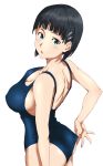  1girl ass bangs bare_arms bare_back bare_shoulders black_hair blue_eyes blunt_bangs blush breasts cleavage competition_swimsuit from_side hair_ornament hairclip hashimoto_(frog_flag) highres kirigaya_suguha large_breasts looking_at_viewer one-piece_swimsuit open_mouth school_swimsuit short_hair sideboob simple_background solo swimsuit swimsuit_pull sword_art_online white_background 