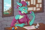 anthro azura_(golddrake) blue_body blue_scales breasts city city_background clothing cork_board dust exposed_shoulder female forceps gem hammer hat headgear headwear horn jeweler jewelry kobold magnifying_glass medical_instrument meelsyse midriff non-mammal_breasts oversized_clothing paper purple_clothing scales scalie scientific_instrument solo surgical_instrument tools tweezers window working yumiix