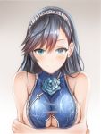  1girl aqua_eyes bare_arms bare_shoulders blue_dress blue_flower blue_hair blush breast_hold breasts china_dress chinese_clothes cleavage cleavage_cutout closed_mouth dress flower gradient gradient_background hairband large_breasts long_hair longji_gongzhu_(sennen_sensou_aigis) looking_at_viewer nannacy7 rose sennen_sensou_aigis sideboob sleeveless sleeveless_dress smile solo taut_clothes taut_dress upper_body 