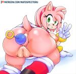  2019 accessory amy_rose anal anal_beads anthro anus areola big_butt black_nose boots bottomless breasts butt clothed clothing eulipotyphlan eyelashes female footwear gesture gloves green_eyes hair hair_accessory hairband handwear hedgehog looking_at_viewer looking_back mammal matospectoru nipples patreon pink_hair pussy sex_toy short_hair smile solo sonic_(series) url v_sign 