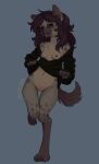 4_toes absurd_res anthro areola aroused artist_name bare_shoulders barefoot bedroom_eyes biped black_clothing black_topwear blaze_nina blue_background blush blush_lines blushing_at_viewer boba_(nyx_the_dragon) bodily_fluids bottomless bottomless_anthro bottomless_female breasts brown_claws brown_eyes brown_feet brown_hands brown_inner_ear brown_markings brown_tail chest_tuft claws clitoris clothed clothed_anthro clothed_female clothing clothing_pull contrapposto countershade_breasts countershade_torso countershading cute_fangs dark_nipples digitigrade dripping drooling english_description erect_nipples excited exposed_breasts eye_bags eyebrow_through_hair eyebrows eyelashes facial_markings fangs feet female female_anthro fingers front_view full-length_portrait genitals grey_body grey_teeth hair head_markings hi_res hip_markings humanoid_genitalia humanoid_hands humanoid_vulva hyena iris knock-kneed leg_markings light_body long_hair looking_at_viewer looking_pleasured mammal markings messy messy_hair monotone_background monotone_clothing monotone_hair monotone_tail monotone_topwear multicolored_body muzzle_(marking) narrowed_eyes navel nipples off_shoulder on_one_leg open_mouth open_smile oversized_clothing oversized_topwear pink_clitoris pink_tongue pink_vulva pinup portrait pose pupils purple_areola purple_body purple_eyebrows purple_hair purple_markings purple_nipples purple_nose purple_spots saliva saliva_drip seductive simple_background slim slim_anthro slim_female small_breasts smile smiling_at_viewer snout socks_(marking) solo spots spotted_body spotted_markings standing tail tan_body tan_breasts tan_countershading tan_sclera tan_text tan_tuft teeth text thigh_gap thigh_markings toe_claws toes tongue topwear topwear_only topwear_pull translucent translucent_hair tuft vulva walking_towards_viewer