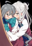  2girls absurdres ahoge asashimo_(kantai_collection) biting black_background bow bowtie grey_eyes grey_hair hair_between_eyes hair_bun halterneck highres hug hug_from_behind kantai_collection kiyoshimo_(kantai_collection) long_hair low_twintails miiii multiple_girls ponytail school_uniform shirt silver_hair twintails white_shirt 