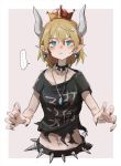  ... 1girl beige_background black_nails black_shirt blonde_hair blue_earrings blue_eyes bowsette claw_pose collar collarbone commentary_request earrings fingernails frown highres horns jewelry mario_(series) navel navel_piercing new_super_mario_bros._u_deluxe piercing pointy_ears punk sharp_fingernails shirt short_hair simple_background sketch solo speech_bubble spiked_belt spiked_collar spikes spoken_ellipsis super_crown sweatdrop t-shirt tabao torn_clothes torn_shirt upper_body 