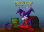 absurd_res alcoholictails anthro bandai_namco book clothing digimon digimon_(species) english_text gloves green_eyes handwear hi_res holding_book holding_object imp impmon kerchief looking_at_viewer male meme multicolored_body purple_body purple_skin reaction_image red_clothing red_gloves red_handwear red_kerchief solo spade_tail tail text two_tone_body