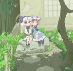  2girls :o bamboo black_footwear blue_dress bob_cut bug butterfly closed_eyes dappled_sunlight day dress eyebrows_visible_through_hair flower frills garden grass hair_ornament hairband hat hitodama insect japanese_clothes konpaku_youmu konpaku_youmu_(ghost) long_sleeves looking_at_viewer mary_janes multiple_girls no_nose open_mouth oto outdoors pink_hair saigyouji_yuyuko shoes short_hair sitting smile socks source_request sunlight tareme touhou tree triangular_headpiece v_arms white_hair window 