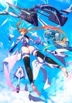 1girl alternate_eye_color ass barefoot black_legwear blue_sky brown_hair cloud commentary_request elbow_gloves fingerless_gloves flying from_behind gloves highres long_hair looking_at_viewer looking_back lyrical_nanoha magical_girl mahou_shoujo_lyrical_nanoha mecha_musume midair mikazuki_akira! open_mouth red_eyes shiny shiny_hair shiny_skin sky smile solo takamachi_nanoha thighhighs twintails 