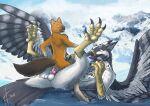 absurd_res anthro anthro_on_anthro anthro_penetrated anthro_penetrating anthro_penetrating_anthro avian balls beak black_claws blue_sky brown_eyes brown_tail claws cowgirl_position duo feathered_wings feathers from_front_position fur genitals grey_beak grey_body grey_feathers gryphon hi_res hufnaar knot lying male male/male male_penetrated male_penetrating male_penetrating_male mountain mythological_avian mythological_creature mythology nude on_back on_bottom on_top open_mouth orange_body orange_eyes orange_fur outside_sex penetration penis pink_penis pink_tongue sex size_difference sky snow snowing species_request tail tail_feathers toe_claws tongue white_balls white_body white_feathers wings
