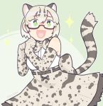  1girl animal_ears animal_print artist_name bangs bare_shoulders belt blonde_hair blouse bow bowtie cat_ears cat_tail eyebrows_visible_through_hair fang glasses gloves green_eyes hair_between_eyes hands_together happy heart heart_in_mouth kemono_friends margay_(kemono_friends) margay_print open_mouth short_hair simple_background skirt sleeveless sparkle sparkling_eyes tail twitter_username vibrantrida 