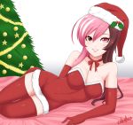  1girl bed_sheet breasts brown_eyes brown_hair christmas_tree cleavage collarbone cslucaris dress elbow_gloves fur-trimmed_dress fur-trimmed_hat gloves grin hat heterochromia long_hair looking_at_viewer lying medium_breasts multicolored_hair neck_ribbon neo_(rwby) on_side pink_eyes pink_hair red_dress red_gloves red_headwear red_legwear red_ribbon ribbon rwby santa_costume santa_hat shiny shiny_hair short_dress signature simple_background sleeveless sleeveless_dress smile solo striped striped_dress thighhighs two-tone_hair white_background zettai_ryouiki 