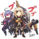  2girls :&lt; ahoge bangs black_footwear black_jacket black_skirt blue_hair blush boots braid brown_shirt chibi closed_mouth commentary crossed_arms dated dragoon_(girls_frontline) dress_shirt eyebrows_visible_through_hair eyepatch frilled_skirt frills girls_frontline jacket knee_pads long_hair m16a1_(girls_frontline) m16a1_(girls_frontline)_(boss) manticore_(girls_frontline) multicolored_hair multiple_girls orange_eyes orange_hair parted_lips pleated_skirt sangvis_ferri shirt short_sleeves signature silver_hair simple_background skirt standing streaked_hair tama_yu triangle_mouth very_long_hair white_background white_shirt 