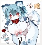 2023 anthro areola big_breasts biped black_hair blue_body blue_fur blush bodily_fluids breast_milking breasts cheese clothing countershading curvy_figure dairy_products digital_drawing_(artwork) digital_media_(artwork) female female_anthro flat_colors food front_view fur gloves hair handwear lactating milk monotone_hair mostly_nude mostly_nude_anthro mostly_nude_female multicolored_body multicolored_fur nipples ookm red_eyes scarf short_hair simple_background solo spots spotted_hair straight_hair thick_thighs two_tone_body two_tone_fur unknown_species white_background white_body white_countershading wide_hipped_anthro wide_hipped_female wide_hips