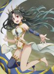  1girl :d asymmetrical_legwear asymmetrical_sleeves barefoot black_hair blue_legwear blue_sleeves breasts choker cleavage earrings eyebrows_visible_through_hair fate/grand_order fate_(series) floating_hair full_body hair_between_eyes highres ishtar_(fate/grand_order) jewelry long_hair medium_breasts midriff navel open_mouth outstretched_arm panties red_eyes ring shiny shiny_hair sideboob single_sleeve single_thighhigh smile solo stomach strapless thighhighs tm-pika underwear very_long_hair white_panties 