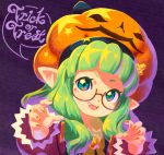  2016 5_fingers :d claw_pose clothed clothing cute_fangs eyewear female glasses green_hair hair halloween hat headgear headwear hi_res holidays humanoid humanoid_pointy_ears looking_at_viewer nails not_furry reis94618 smile solo 