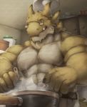  2016 anthro belly_scales blue_eyes clothed clothing cooking cookware dragon eyewear glasses hi_res kitchen kitchen_utensils looking_down male mature_male ralphthefeline scales scalie solo steam tan_scales tools topless wingless_dragon yellow_scales 