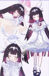  1girl :d aged_down arms_behind_back artist_name balloon black_hair black_shoes blue_dress blunt_bangs blush bow child closed_eyes closed_mouth colored_inner_hair columbina_(dream_journey)_(genshin_impact) columbina_(genshin_impact) commentary double-parted_bangs dress feathered_wings frilled_dress frilled_sleeves frills genshin_impact gradient_hair hair_bow hair_intakes hairband hands_on_own_cheeks hands_on_own_face hands_up head_wings highres holding holding_balloon long_hair long_sleeves luonnotar_(genshin_impact) lying mary_janes multicolored_hair multiple_views multiple_wings official_alternate_costume on_side open_mouth puffy_long_sleeves puffy_sleeves purple_hair q_qtq shoes sidelocks simple_background sleeping smile socks standing streaked_hair twitter_username u_u under_covers untranslatable_commentary upper_body very_long_hair white_background white_bow white_dress white_hairband white_socks white_wings wings 