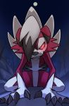  2018 ambiguous/ambiguous ambiguous_gender blush canid canine claws crest detailed_background digital_media_(artwork) fur glowing glowing_eyes hair hair_over_eye katahane3 looking_at_viewer lycanroc mammal midnight_lycanroc moon multicolored_fur night nintendo outside pok&eacute;mon pok&eacute;mon_(species) red_eyes red_fur sky smile solo standing teeth toes video_games white_fur 