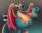 2021 absurd_res activision anthro apron beard beverage biceps big_arms blue_body blue_hair blue_scales bracelet claws clipboard clothing coffee container cup dragon facial_hair facial_piercing facial_spikes fangs flexing flexing_bicep furgonomic_piercing furgonomics gauged_horn gavin_(spyro) grey_background hair hi_res holding_clipboard holding_object horn horn_piercing jewelry looking_at_viewer male mature_anthro mature_male mug muscular muscular_anthro muscular_arms muscular_male mustache mythological_creature mythological_scalie mythology nose_piercing nose_ring open_mouth open_smile piercing reptile rescued_dragons_(spyro) ring_piercing ringstar0 scales scalie simple_background smile smiling_at_viewer solo spiked_tail spikes spikes_(anatomy) spyro_reignited_trilogy spyro_the_dragon standing steam tail tan_body tan_scales tattoo teeth thick_arms ventral_scales wings