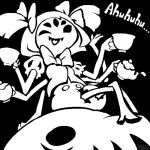  1:1 2016 6_arms accessory anthro arachnid arthropod black_and_white clothed clothing crossed_legs cup hair_accessory hair_bow hair_ribbon monochrome muffet multi_arm multi_limb reis94618 ribbons sitting solo spider undertale video_games 