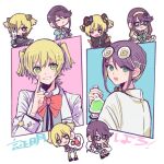 2girls :3 :d :o adjusting_mask ascot bad_id bad_twitter_id badge beast_(fairy_tale_character) beast_(fairy_tale_character)_(cosplay) beauty_(fairy_tale_character) beauty_(fairy_tale_character)_(cosplay) beauty_and_the_beast_(fairy_tale) bell blonde_hair blue_background blue_cape blue_shirt blue_skirt bow bowtie cape capelet chibi chibi_inset chibi_only christine_daae christine_daae_(cosplay) closed_eyes closed_mouth coke-bottle_glasses collared_cape collared_shirt cosplay daiba_nana earrings erik_(phantom_of_the_opera) erik_(phantom_of_the_opera)_(cosplay) erlenmeyer_flask eye_mask eyewear_on_head fake_horns fang flask flipped_bangs flower frilled_sleeves frills fur-trimmed_jacket fur_trim glasses gloves green_bow green_eyes green_flower grey_jacket grin hair_bell hair_between_eyes hair_flower hair_ornament hairband half_eye_mask hand_up hands_up holding holding_flask horns hoshimi_junna index_finger_raised interlocked_fingers jacket jacket_on_shoulders jacket_over_jacket jewelry long_hair long_sleeves looking_at_viewer low_side_ponytail mask mask_over_one_eye missing_commentary multicolored_hair multiple_girls no_eyewear official_alternate_costume one_eye_closed own_hands_clasped own_hands_together phantom_of_the_opera pink_background pleated_skirt puffy_short_sleeves puffy_sleeves purple_hair purple_shirt red_bow red_bowtie red_capelet red_jacket school_uniform seisho_music_academy_school_uniform shirt short_sleeves shoujo_kageki_revue_starlight shoujo_kageki_revue_starlight_-re_live- side_ponytail sidelocks single_horizontal_stripe skirt smile star_(symbol) star_ornament streaked_hair striped_clothes striped_skirt tachibana_(wakasaji) teeth tiara translation_request two-tone_hair two_side_up upper_teeth_only white_ascot white_background white_gloves white_jacket white_skirt yellow_hairband 