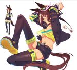  1girl animal_ears black_boots black_jacket black_shorts blush boots breasts brown_hair commentary crop_top english_commentary grin hair_over_one_eye horse_ears horse_girl horse_tail horseshoe jacket long_hair long_sleeves looking_at_viewer midriff multicolored_hair navel official_art_inset open_mouth ponytail reference_inset shirt shorts small_breasts smile sunatixd tail teeth thigh_boots umamusume vodka_(umamusume) vodka_(wild_top_gear)_(umamusume) yellow_shirt 