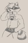  2019 2:3 anthro beverage bubble_tea bulge eyewear glasses hands-free_bubble_tea hi_res humanoid_hands male mammal meme noir_raccoon procyonid raccoon simple_background slightly_chubby solo 