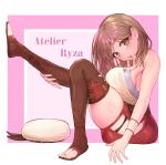  1girl atelier_(series) atelier_ryza atelier_ryza_1 boots border breasts brown_eyes brown_hair commentary_request copyright_name gurugurere hat highres large_breasts looking_at_viewer open-toe_boots open_mouth outside_border red_shorts reisalin_stout shorts sitting skindentation solo thigh_boots unworn_hat unworn_headwear white_border white_hat 