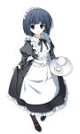  1girl absurdres apron black_bow black_bowtie black_dress black_eyes black_hair black_pantyhose black_shoes bob_cut bow bowtie collared_dress cosgaso cup dress frilled_apron frilled_dress frills from_above full_body highres holding holding_own_dress holding_tray juliet_sleeves long_sleeves looking_at_viewer maid maid_apron maid_headdress open_mouth original pantyhose puffy_sleeves sash saucer shoes simple_background smile solo standing teacup teapot tray white_apron white_background white_bow white_sash 