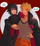  2boys akatsuki_uniform arm_around_shoulder black_hair black_robe blonde_hair commentary_request covered_abs facial_mark fishnet_top fishnets grin hair_between_eyes hand_on_own_hip highres korean_commentary korean_text male_focus multiple_boys muscular muscular_male naruto_(series) naruto_shippuuden one_eye_closed open_clothes open_robe orange_pants pants parted_lips red_background red_eyes red_trim ripongazx robe sharingan short_hair slit_pupils smile spiked_hair sweatdrop teeth translated uchiha_sasuke uzumaki_naruto whisker_markings 