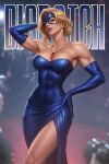  1girl absurdres amulet blonde_blazer blue_dress blue_eyes blue_gloves breasts collarbone commentary covered_abs cowboy_shot crossed_legs dispatch dress earrings elbow_gloves english_commentary english_text eye_mask eyelashes eyeshadow gem gloves gold_necklace hand_on_own_head hand_on_own_hip head_back highres jewelry kodiart96 large_breasts long_dress looking_at_viewer makeup mask muscular muscular_female narrow_waist necklace parted_lips pink_eyeshadow pink_lips red_gem side_slit skin_tight strapless strapless_dress tight_clothes tight_dress 