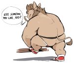 2019 absurd_res anthro butt clothing dialogue english_text haps hi_res jockstrap male mammal overweight overweight_male simple_background solo suid suina sus_(pig) talking_to_viewer text underwear white_background wild_boar 
